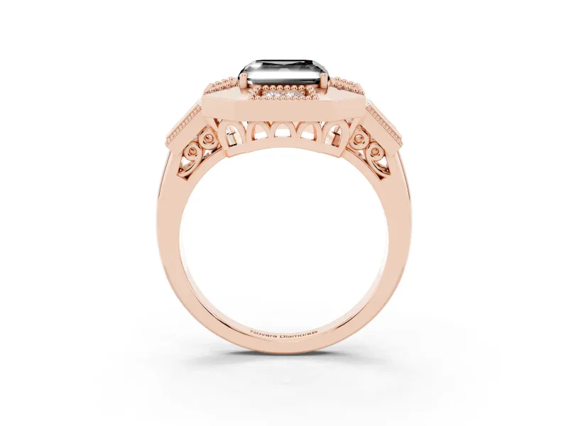 Fancy Black Asscher Cut Diamond Milgrain Halo Ring Set in Rose gold with Split Shank