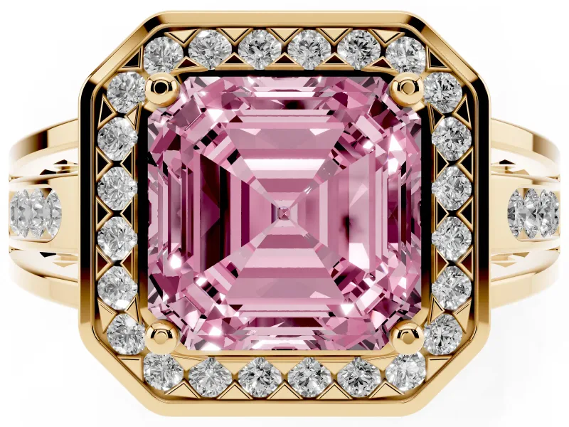 Asscher Cut Halo Engagement Ring Setting for a Fancy Pink Lab-Grown Diamond | Channel-Set Split Shank | Yellow Gold