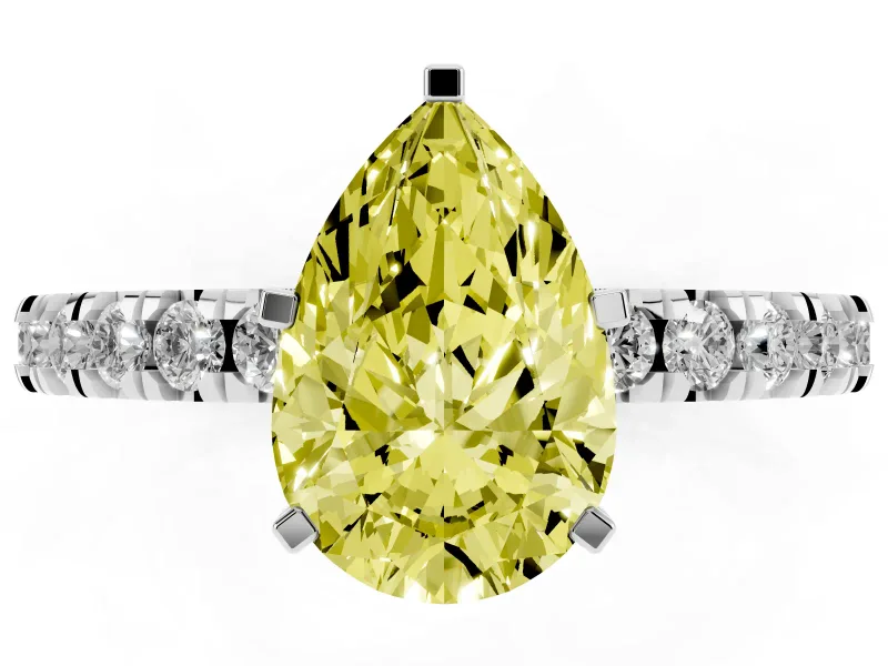 Fancy Yellow Pear Cut Diamond Pavé Band Solitaire Set in White gold with Prong Setting