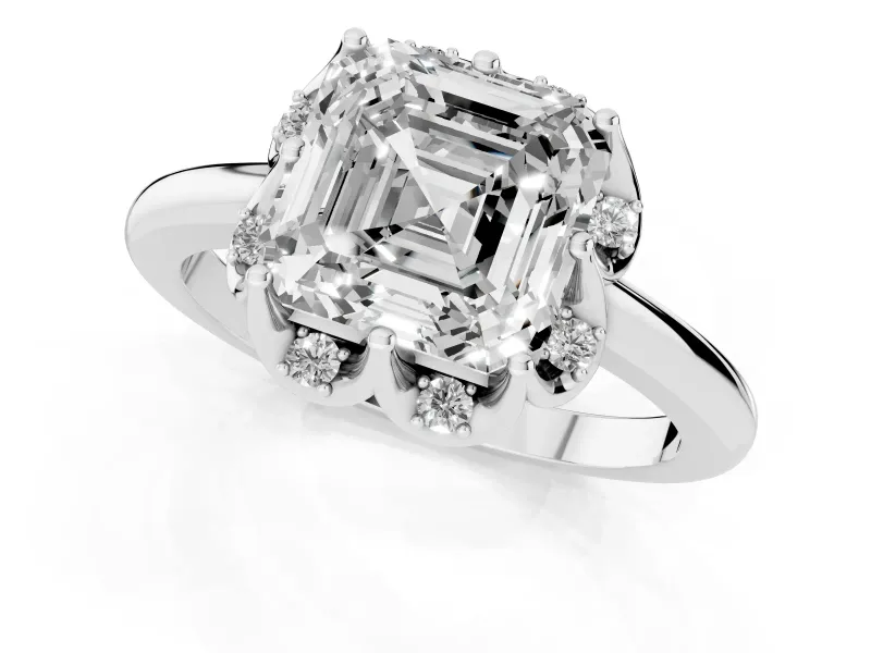 Asscher Cut Scalloped Petal Halo Engagement Ring Setting | Plain Band | Platinum