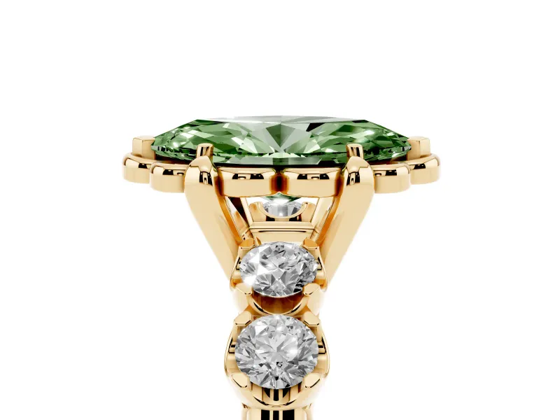 Marquise Floral Engagement Ring Setting for a Fancy Green Lab-Grown Diamond | Petal Frame and Side Stones | Yellow Gold