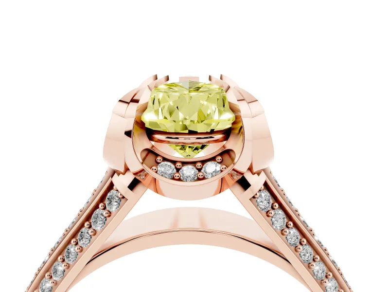Fancy Yellow Pear Cut Diamond Pavé Split Shank Solitaire Ring Set in Rose gold with Prong Setting