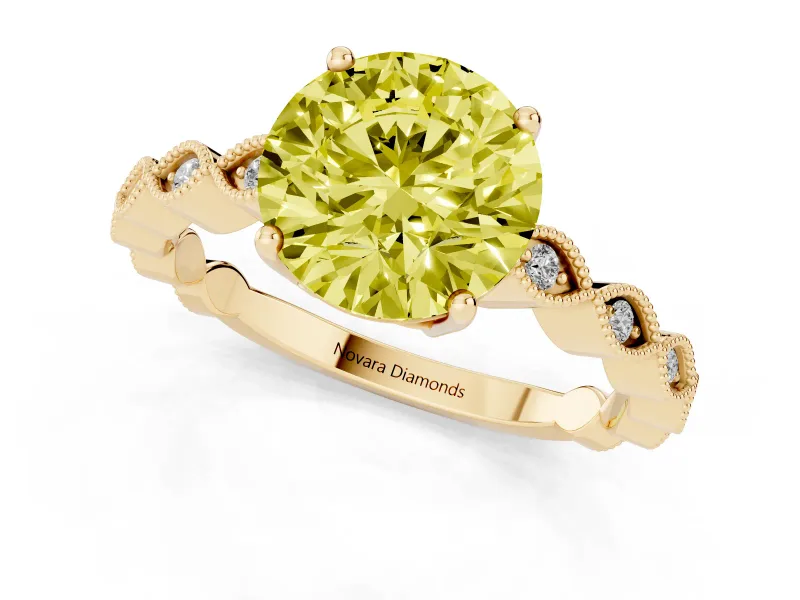 Fancy Yellow Round Cut Diamond Solitaire Ring Set in Yellow gold with Infinity Twist Pavé Band