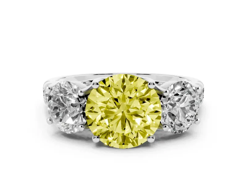 Fancy Yellow Round Cut Diamond Three-Stone Ring Set in Platinum with Pavé Band