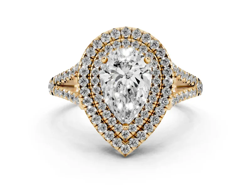 Pear Cut Diamond Double Halo Ring Set in Yellow gold with Pavé Band