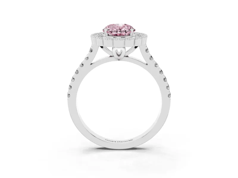Fancy Pink Oval Cut Diamond Milgrain Floral Halo Engagement Ring Set in White gold with Pavé Band