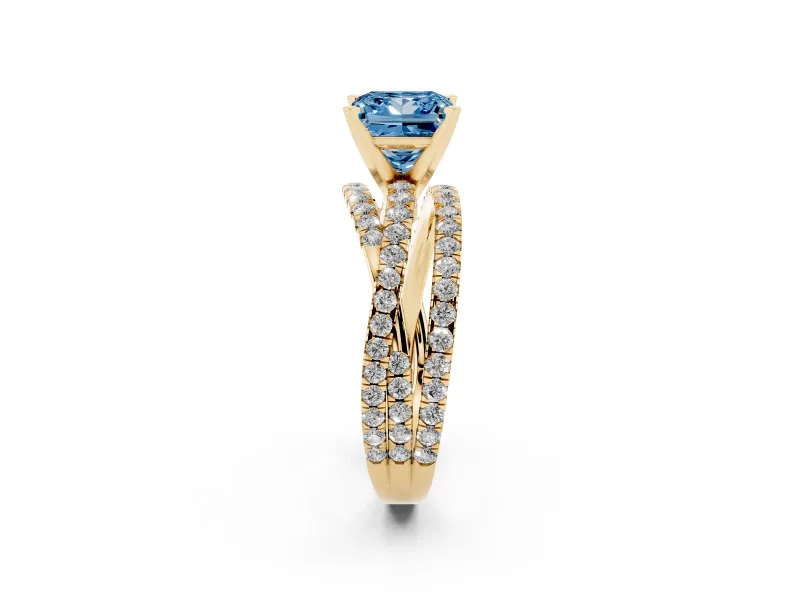 Princess Cut Twisted Pavé Engagement Ring Setting for a Fancy Blue Lab-Grown Diamond | Yellow Gold