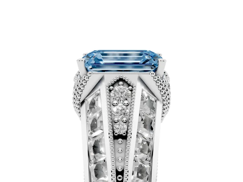 Fancy Blue Emerald Cut Diamond Vintage-Inspired Milgrain Ring Set in White gold with Accent Split Shank