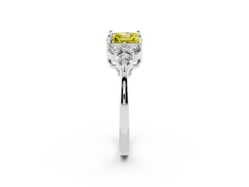 Fancy Yellow Asscher Cut Diamond Solitaire Ring Set in Silver with Cluster Accents on Each Side