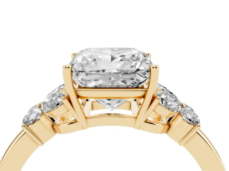 Princess Cut Petal Accent Engagement Ring Setting | Marquise and Round Sides | Yellow Gold