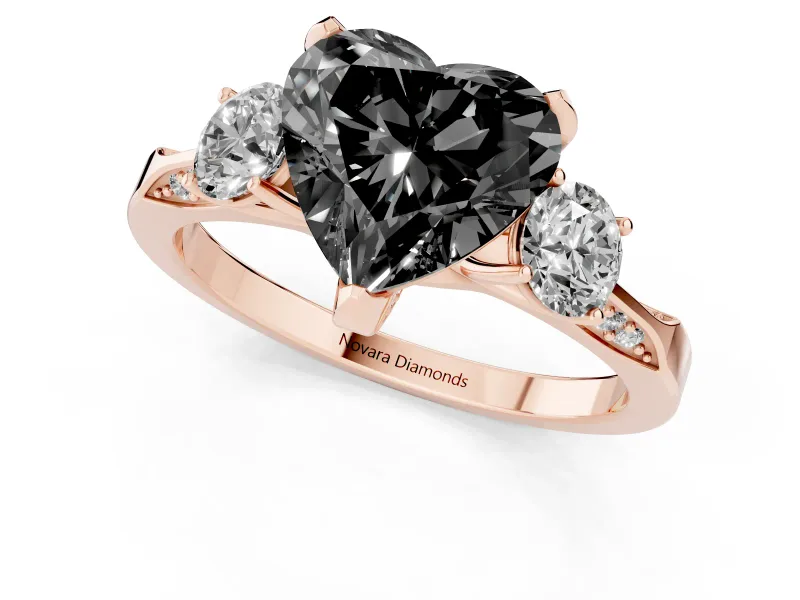 Heart-Shaped Hidden Halo Three Stone Engagement Ring Setting for a Black Center | Rose Gold