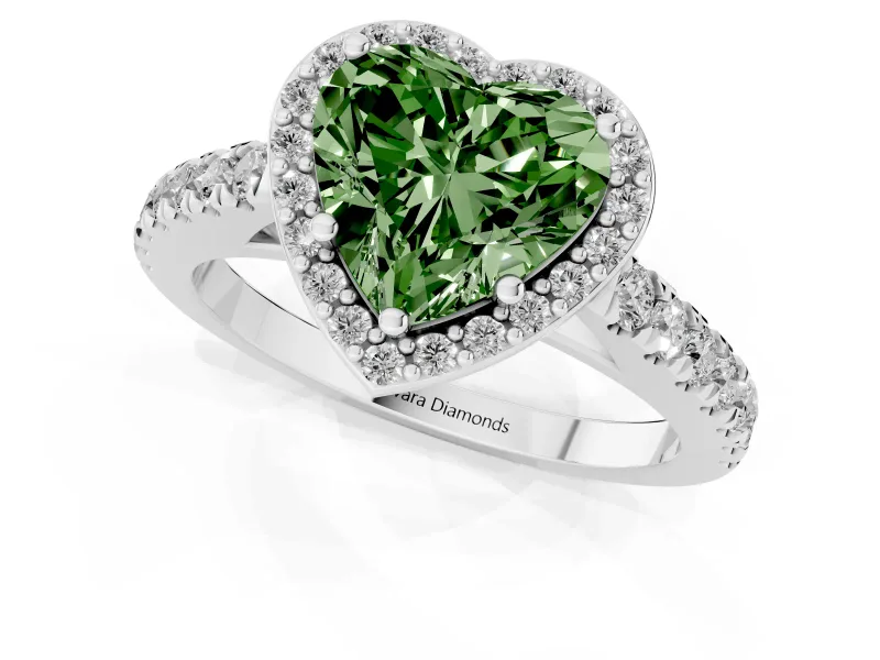 Fancy Green Heart Cut Diamond Halo Engagement Ring Set in White gold with Pavé Band and Prong Setting