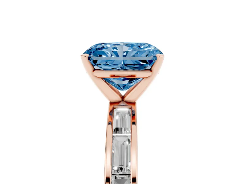 Fancy Blue Radiant Cut Diamond Solitaire Ring Set in Rose gold with Channel-Set Baguette Band and Prong Setting