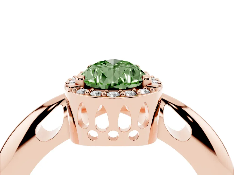 Fancy Green Pear Cut Diamond Halo Engagement Ring Set in Rose gold with Plain Split Shank and Prong Setting