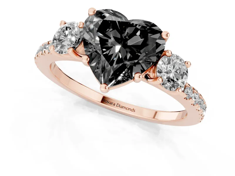 Heart-Shaped Three Stone Engagement Ring Setting for a Black Center | Pavé Shoulders | Rose Gold