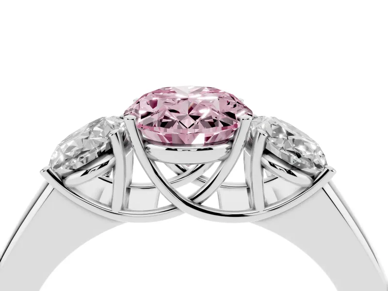 Fancy Pink Three-Stone Oval Cut Diamond Ring Set in White gold with Matching Prong Settings and Plain Band