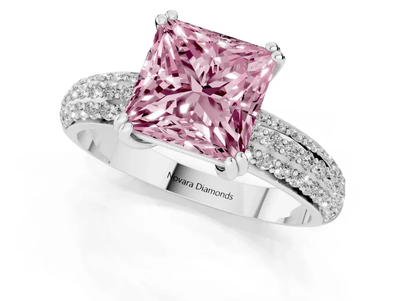 Princess Cut Three Row Pave Engagement Ring Setting for a Fancy Pink Lab-Grown Diamond | White Gold