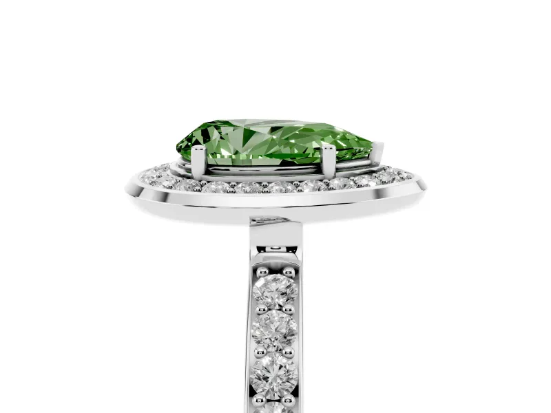 Fancy Green Pear Cut Diamond Halo Ring Set in White gold with Bezel Frame and Pavé Band