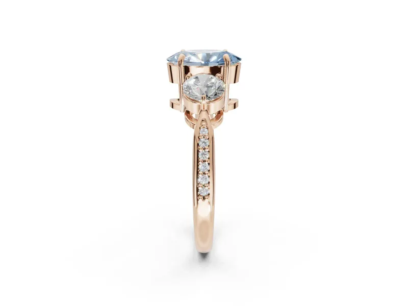Oval Three Stone Engagement Ring Setting for a Fancy Blue Lab-Grown Diamond | Tapered Pave Band | Rose Gold