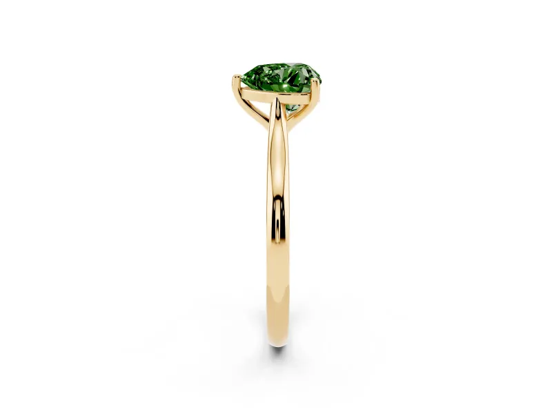 Fancy Green Heart Cut Diamond Solitaire Ring Set in Yellow gold with Cathedral Band and Prong Setting