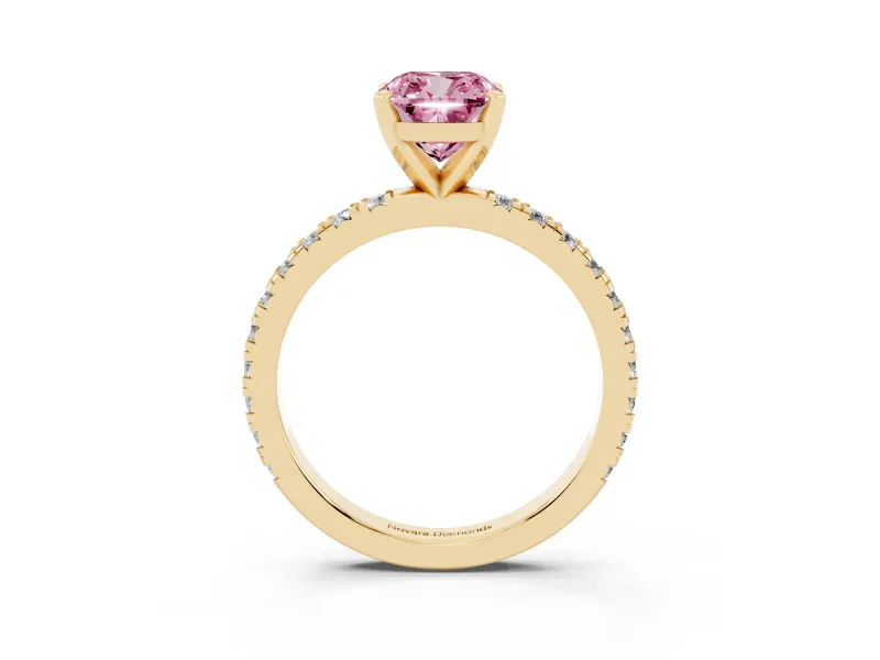 Fancy Pink Cushion Cut Diamond Pavé Band Solitaire Set in Yellow gold with Prong Setting