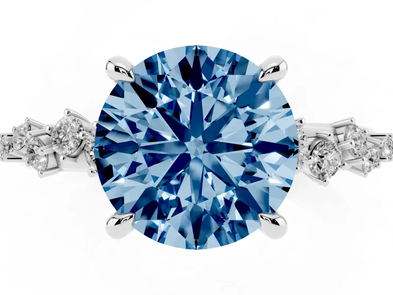 Fancy Blue Round Cut Diamond Solitaire Vine Band Ring Set in Silver with Round Accents and Prong Setting