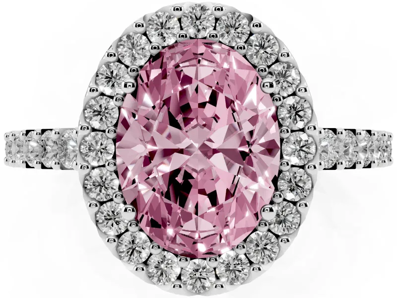 Fancy Pink Oval Cut Diamond Halo Pavé Solitaire Ring Set in Platinum with Prong-Set Center Stone