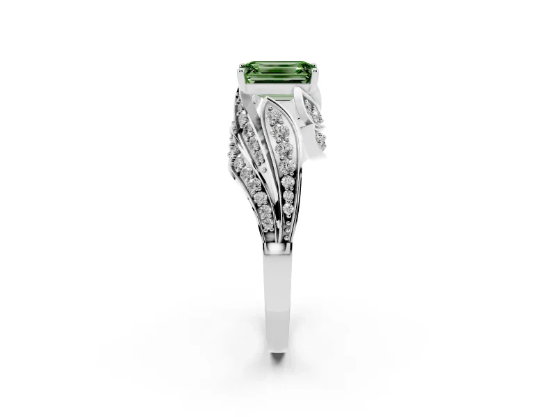 Emerald Cut Bypass Hidden Halo Engagement Ring Setting for a Fancy Green Lab-Grown Diamond | Graduated Pavé | White Gold