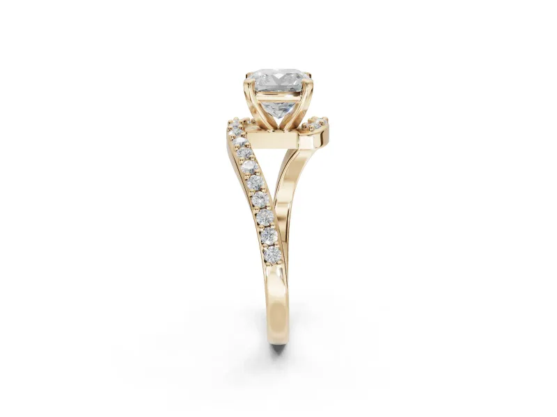 Cushion Cut Bypass Pavé Solitaire Engagement Ring Setting | Swirl Band | Yellow Gold