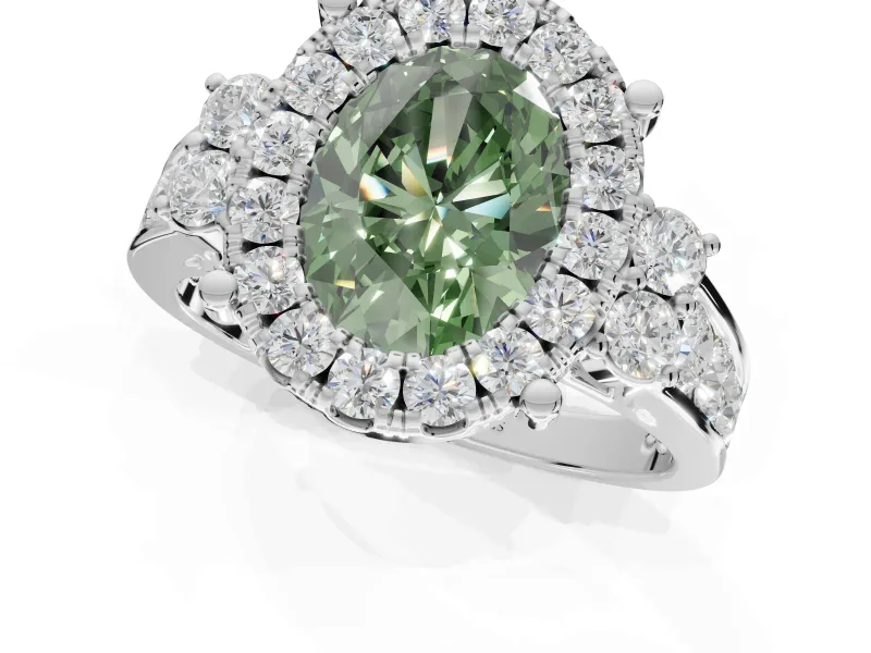 Oval Halo Engagement Ring Setting for a Fancy Green Lab-Grown Diamond | Side Clusters | Platinum