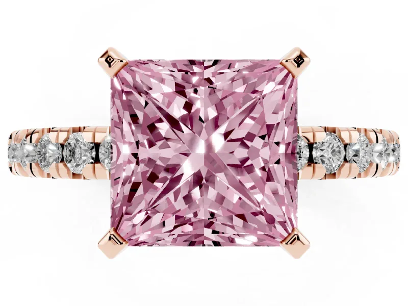 Fancy Pink Princess Cut Diamond Solitaire Pavé Engagement Ring Set in Rose gold with Round Band and Prong Setting