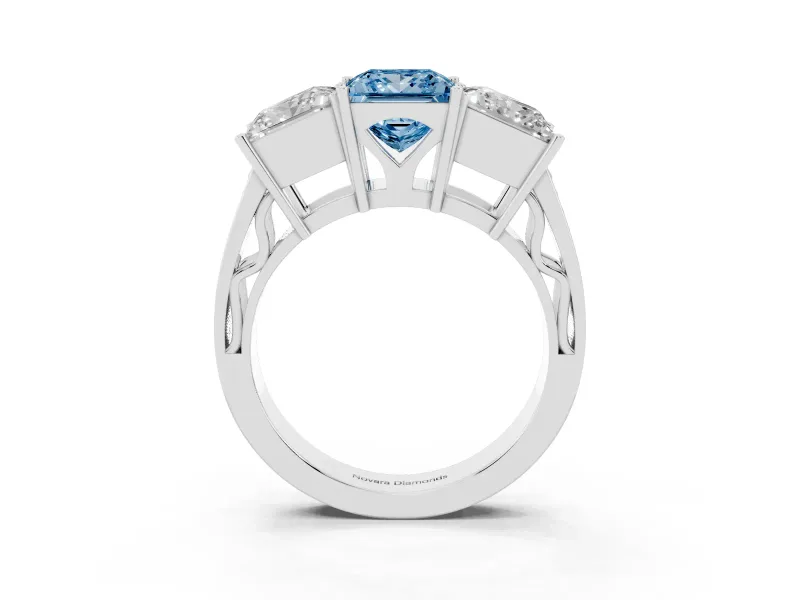 Princess Cut Three Stone Engagement Ring Setting for a Fancy Blue Lab-Grown Diamond | Beaded Shoulders | Platinum