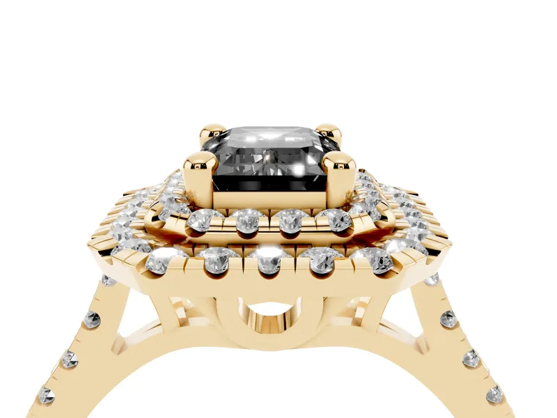 Fancy Black Emerald Cut Diamond Double Halo Statement Ring Set in Yellow gold with Pavé Band