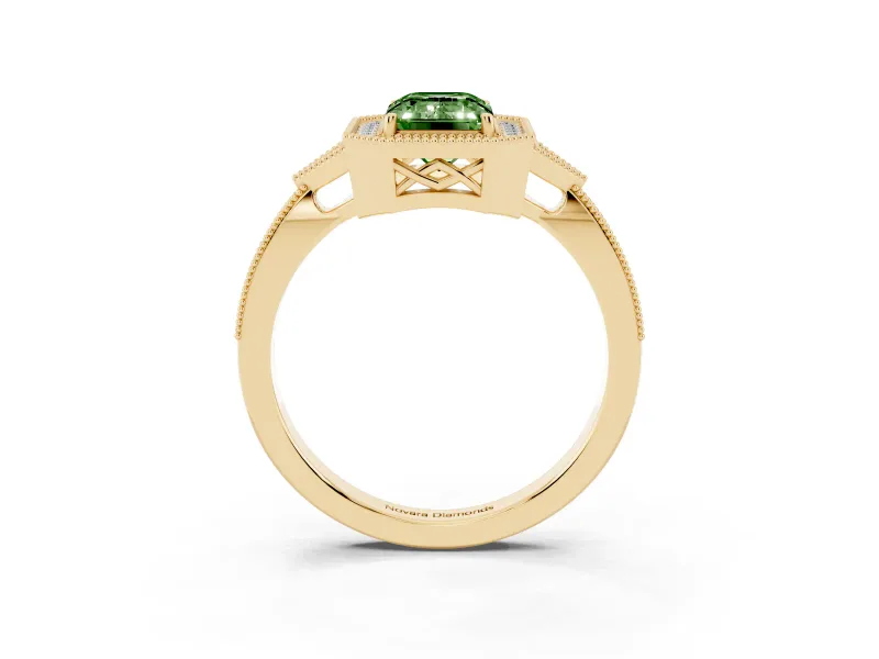 Fancy Green Emerald Cut Diamond Halo Engagement Ring Set in Yellow gold with Milgrain Pavé Band
