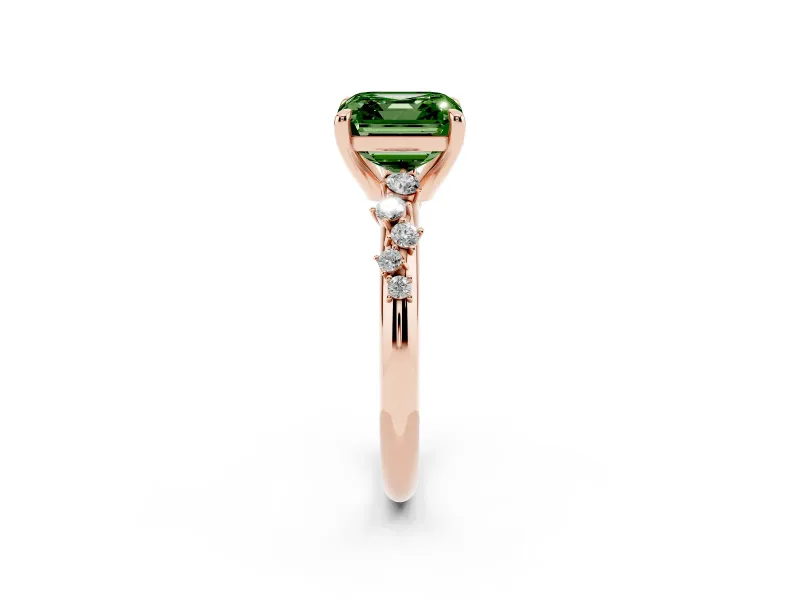 Fancy Green Asscher Cut Diamond Solitaire Vine Band Ring Set in Rose gold with Round Accents and Prong Setting