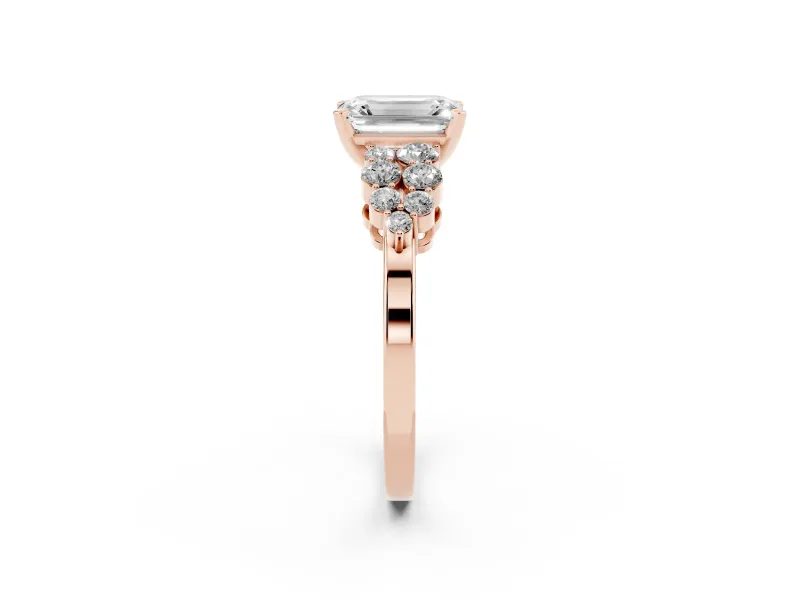 Emerald Cut Diamond Cluster Engagement Ring Set in Rose gold with Pavé Band and Prong Setting