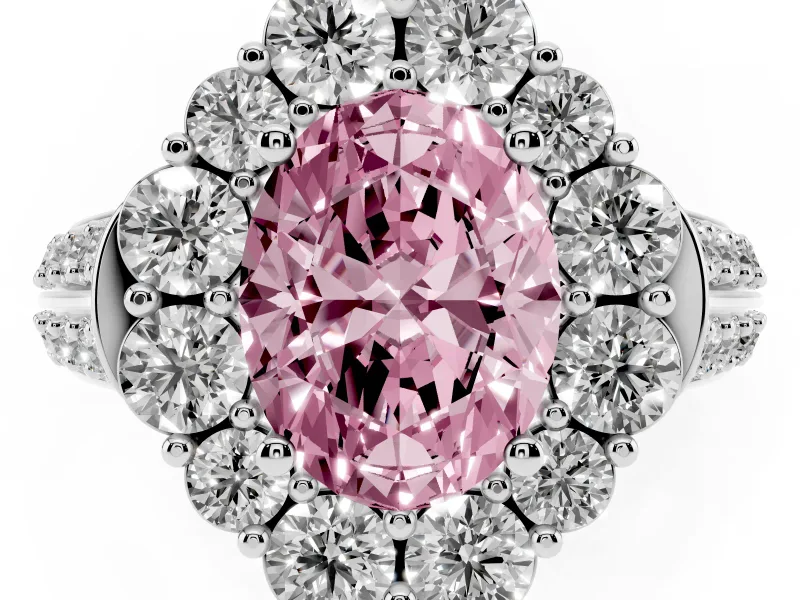 Fancy Pink Oval Cut Diamond Halo Engagement Ring Set in Silver with Split Shank and Prong Setting