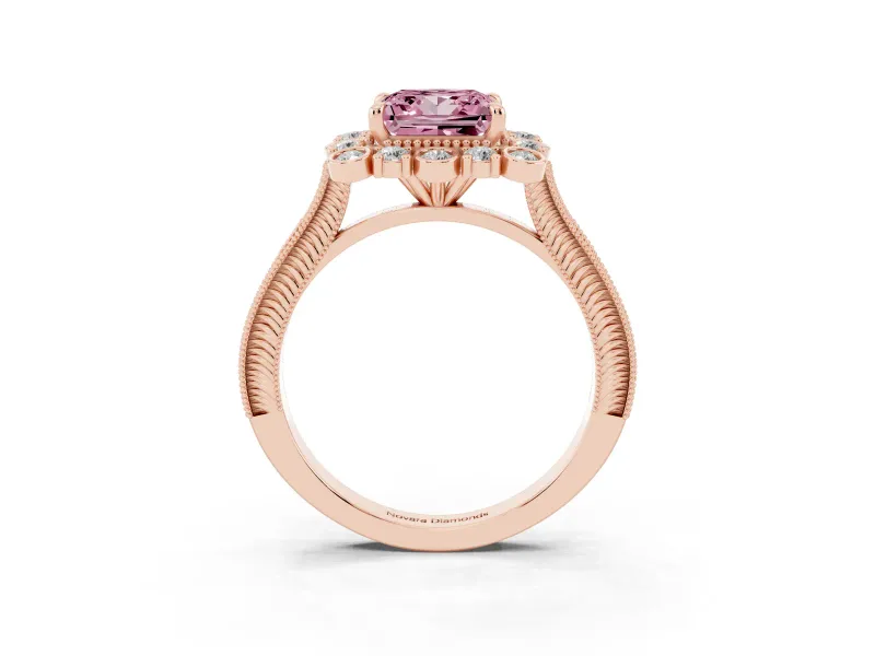 Fancy Pink Princess Cut Diamond Halo Milgrain Pavé Ring Set in Rose gold with Prong Setting