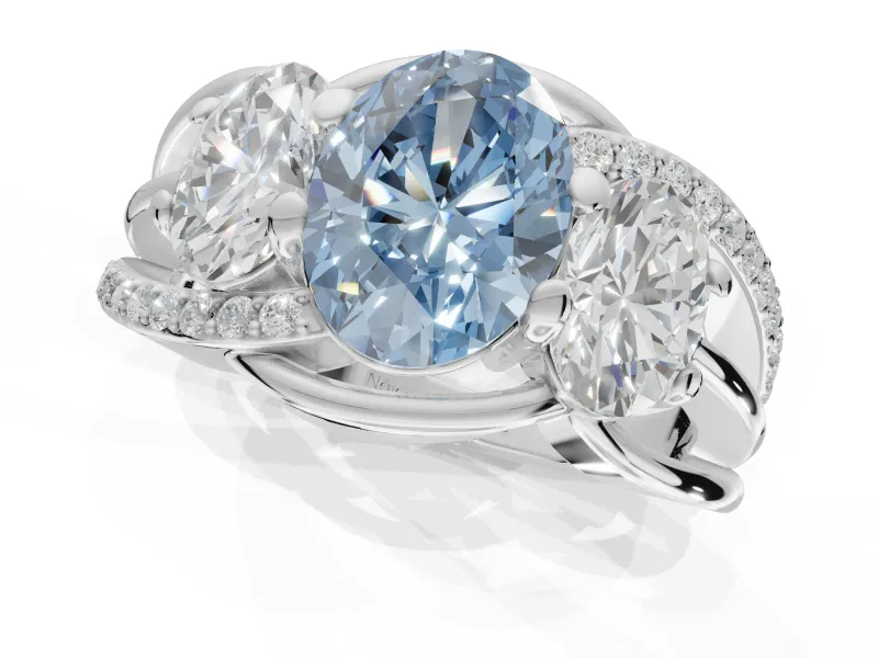 Oval Three Stone Engagement Ring Setting for a Fancy Blue Lab-Grown Diamond | Pavé Split Shank | Sterling Silver