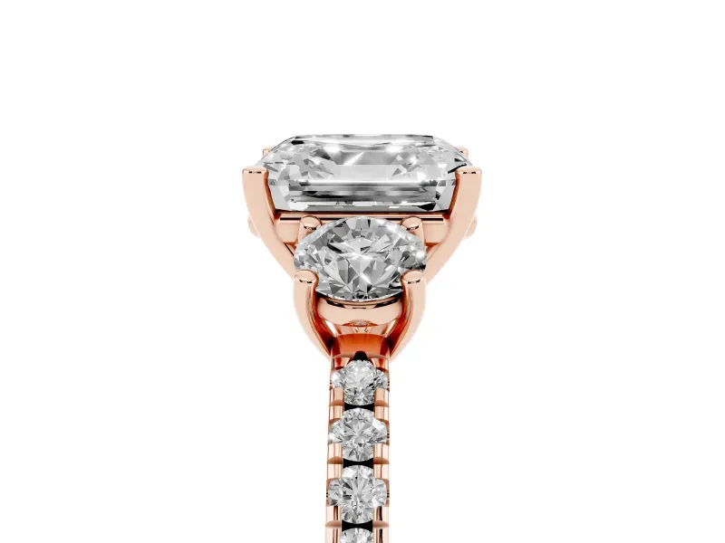 Asscher Cut Three Stone Engagement Ring Setting | Pave Shoulders | Rose Gold