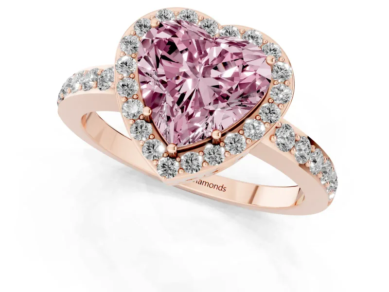 Fancy Pink Heart Cut Diamond Halo Ring Set in Rose gold with Pavé-Setting Band and Open Prong Center