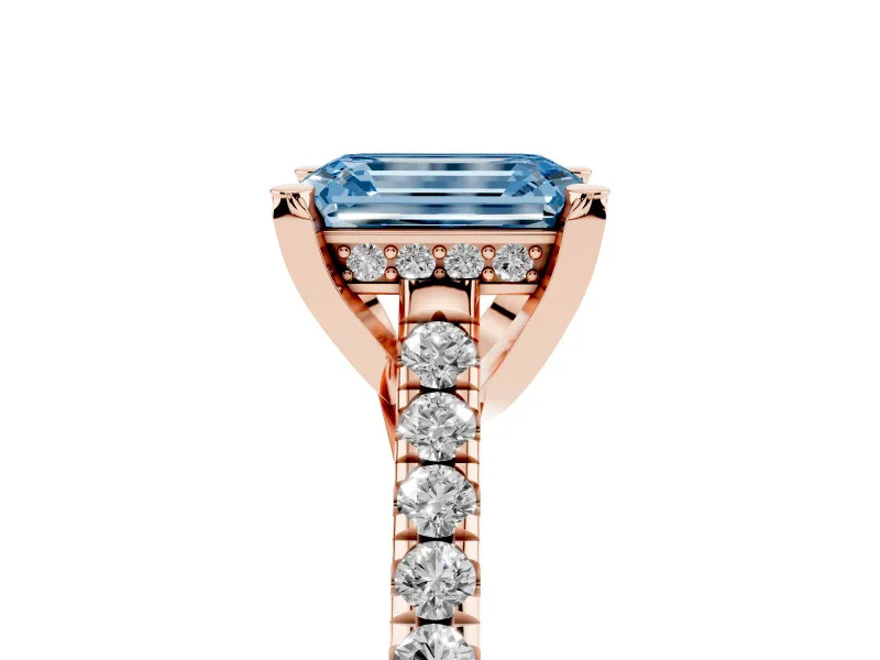 Emerald Cut Hidden Halo Pave Engagement Ring Setting for a Fancy Blue Lab-Grown Diamond | Claw Prongs | Rose Gold