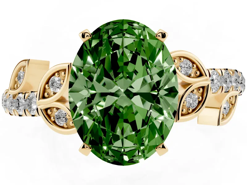Fancy Green Oval Cut Diamond Solitaire Leaf-Inspired Ring Set in Yellow gold with Pavé Band and Prong Setting
