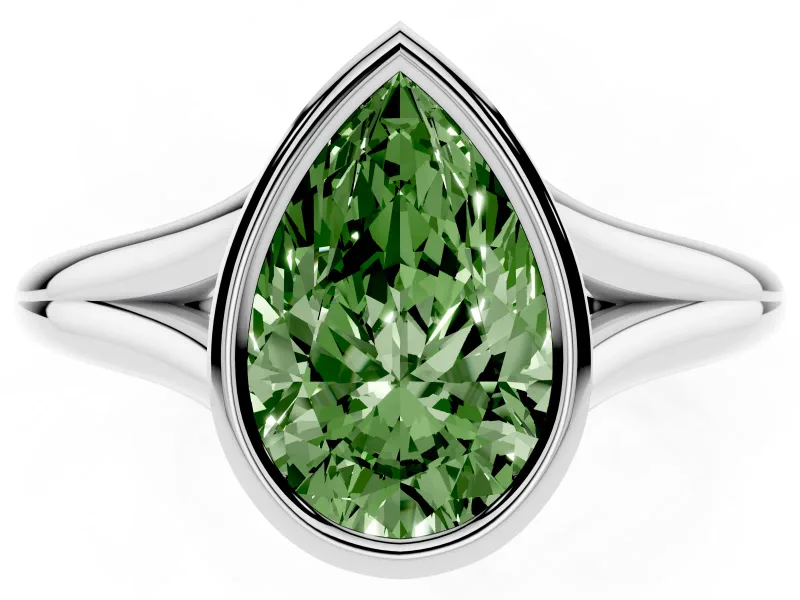 Fancy Green Bezel Set Pear Cut Diamond Solitaire Ring Set in White gold with Tapered Band