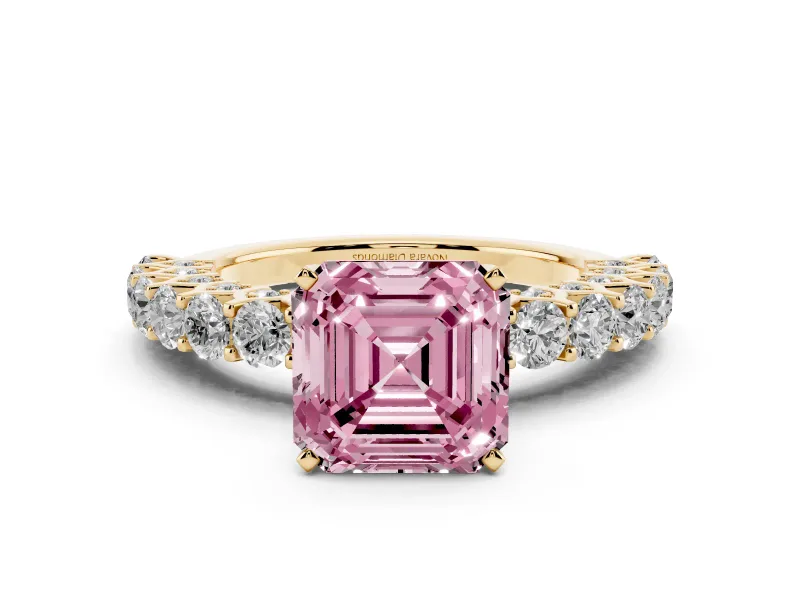 Fancy Pink Asscher Cut Diamond Solitaire Ring Set in Yellow gold with Shared Prong Pavé Band