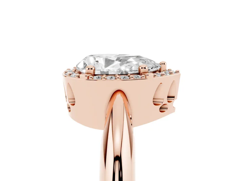 Pear Cut Diamond Halo Engagement Ring Set in Rose gold with Plain Split Shank and Prong Setting
