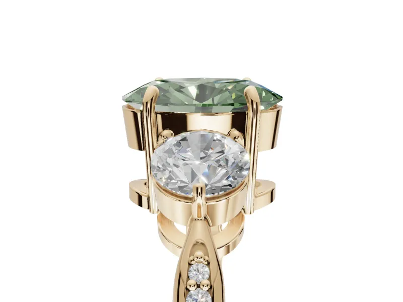 Oval Three Stone Engagement Ring Setting for a Fancy Green Lab-Grown Diamond | Tapered Pave Band | Yellow Gold