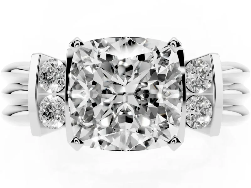 Three-Stone Cushion Cut Diamond Channel Set Ring Set in Platinum with Bar Prongs