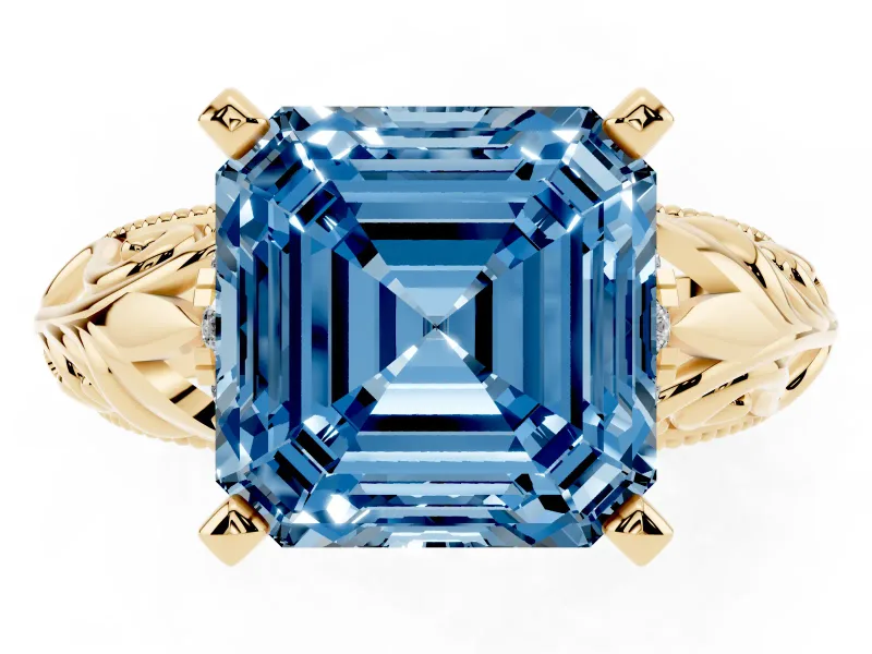 Fancy Blue Asscher Cut Diamond Filigree Halo Engagement Ring Set in Yellow gold with Prong Setting
