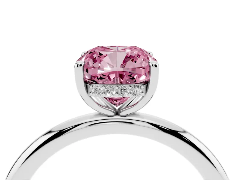 Fancy Pink Cushion Cut Diamond Solitaire Ring Set in Platinum with Thin Band and Prong Setting
